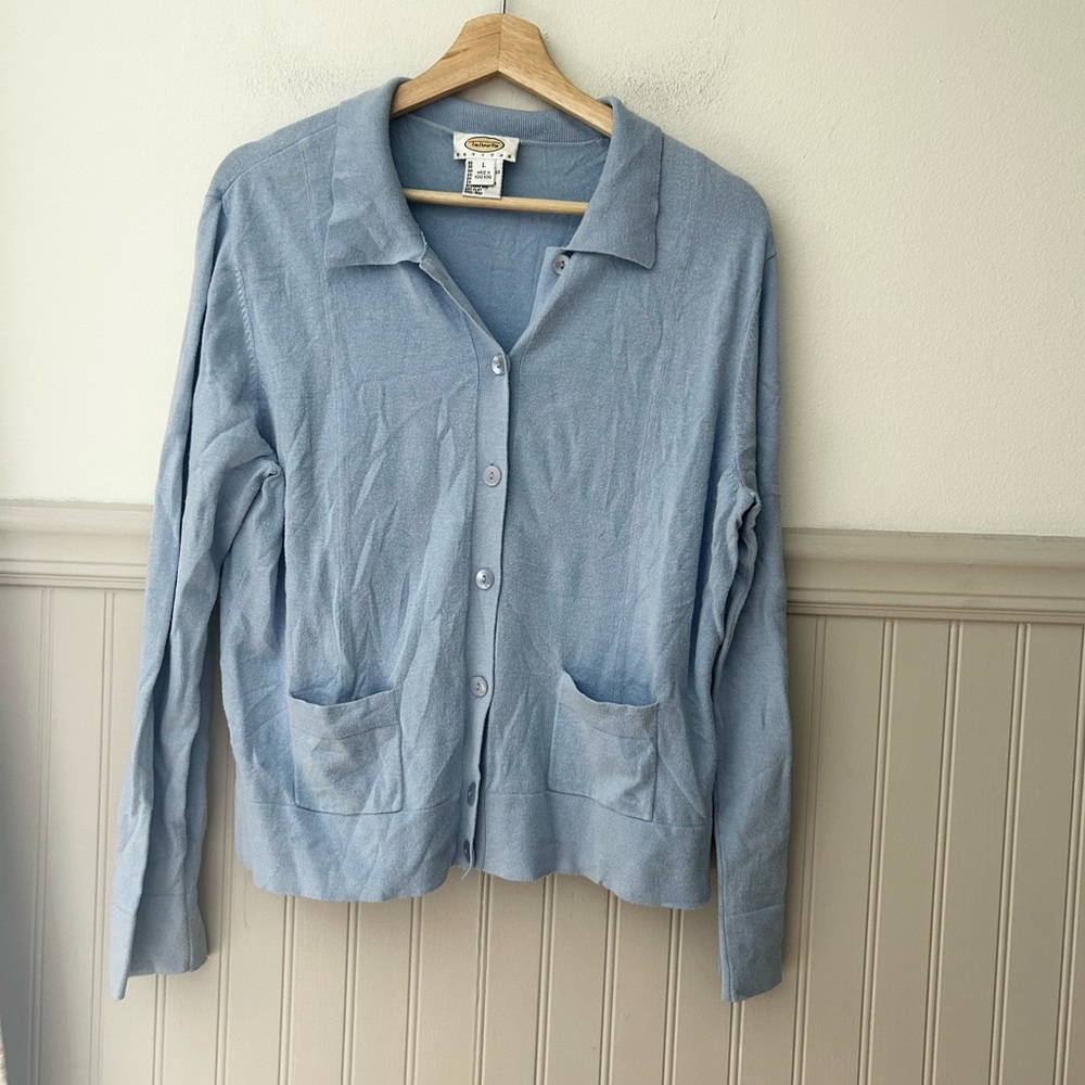 Vintage Talbots Large Petite Blue Knit Button Cardigan Sweater Viscose Nylon